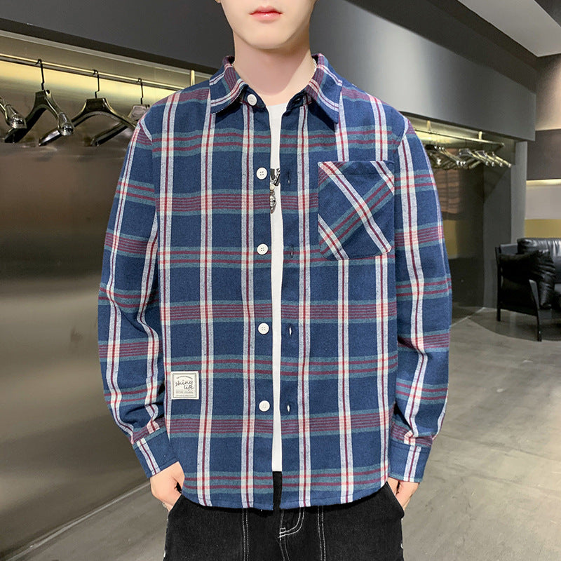 Men’s South Korean Fashion Grid Pattern Shirt – Slim Fit Long Sleeve Cotton Cardigan Top
