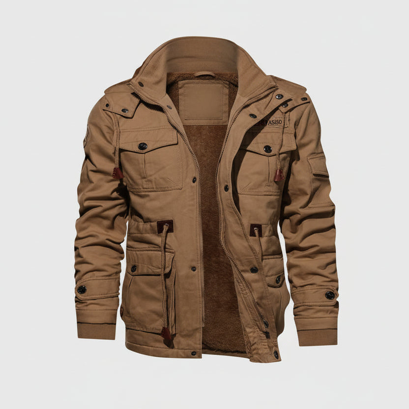 Men’s Winter Zip-Up Coat – Warm Thick Hooded Cargo Jacket with Multi-Pockets