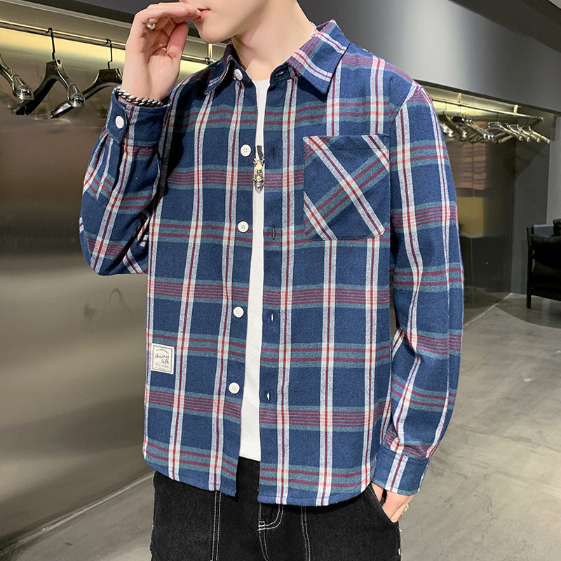 Men’s South Korean Fashion Grid Pattern Shirt – Slim Fit Long Sleeve Cotton Cardigan Top