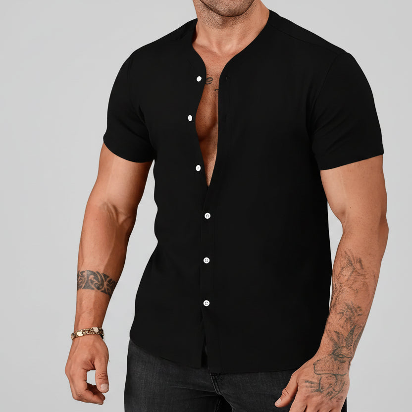 Men’s Stand Collar Short Sleeve Cardigan Shirt – Solid Color Casual Leisure Polyester Shirt for Men