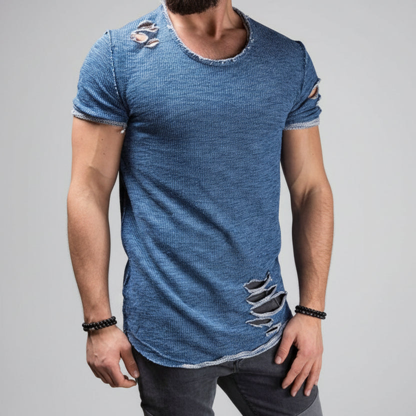 Men’s Ripped Slim Fit T-Shirt – Distressed Short Sleeve Round Neck Tee
