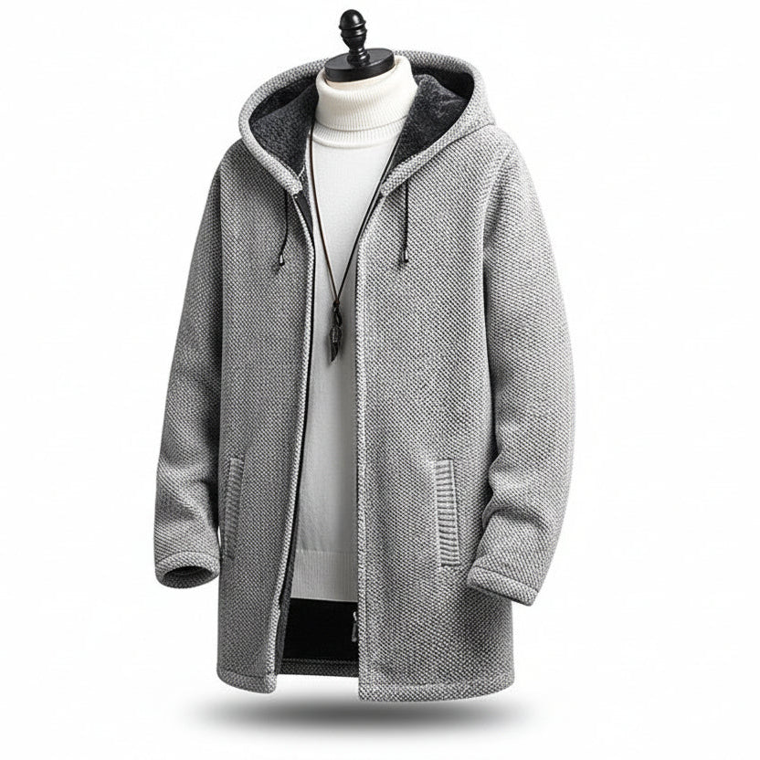 Men’s Fall Winter Fleece-Lined Hooded Sweater Cardigan – Mid-Length Zip-Up Jacket