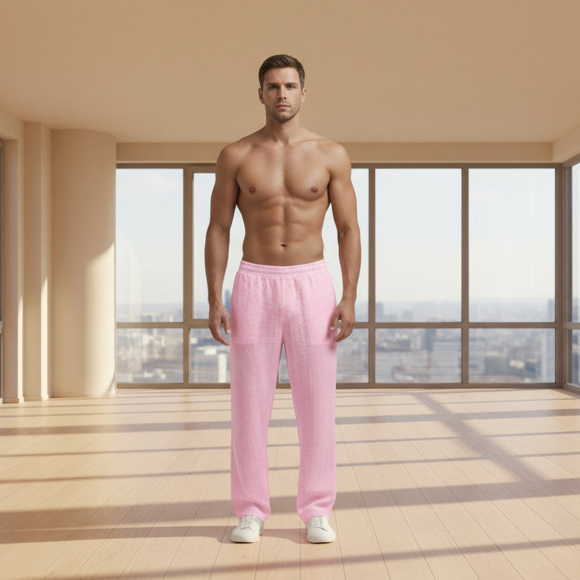 Men’s Linen Casual Pants – Solid Color Loose Fit Wide Leg Summer Beach Trousers