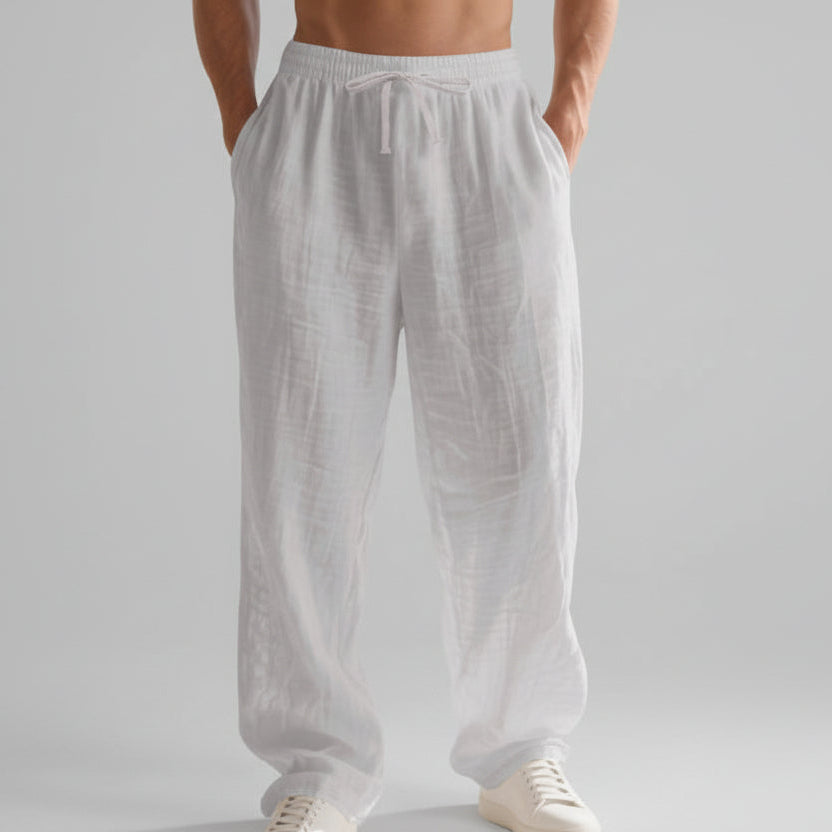 Men’s Linen Casual Pants – Solid Color Loose Fit Wide Leg Summer Beach Trousers