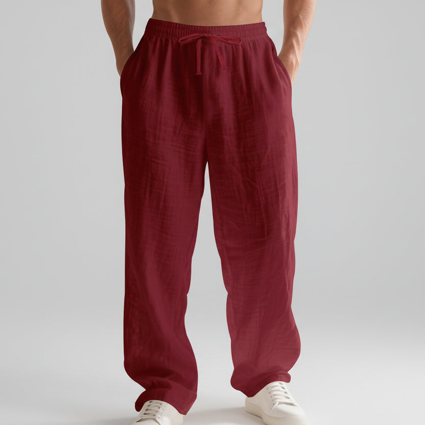 Men’s Linen Casual Pants – Solid Color Loose Fit Wide Leg Summer Beach Trousers