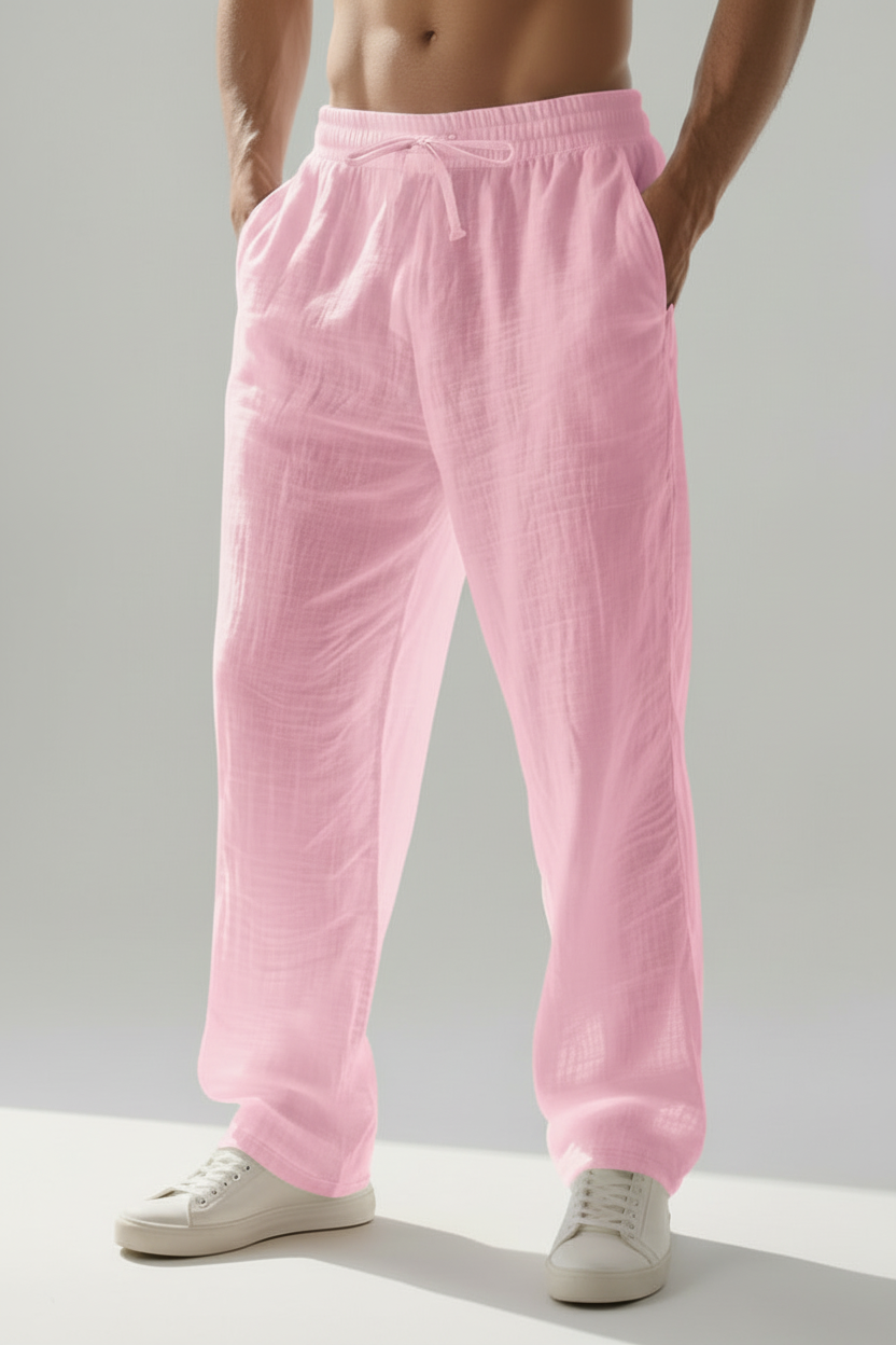 Men’s Linen Casual Pants – Solid Color Loose Fit Wide Leg Summer Beach Trousers