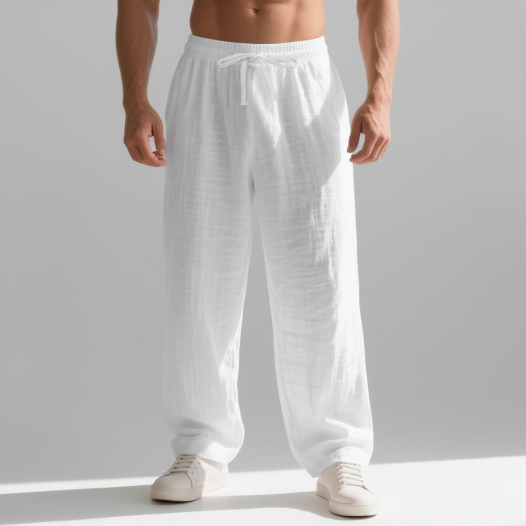 Men’s Linen Casual Pants – Solid Color Loose Fit Wide Leg Summer Beach Trousers