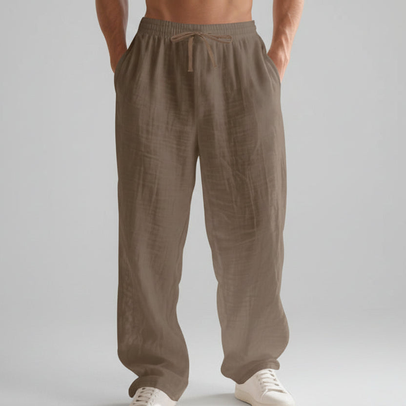 Men’s Linen Casual Pants – Solid Color Loose Fit Wide Leg Summer Beach Trousers
