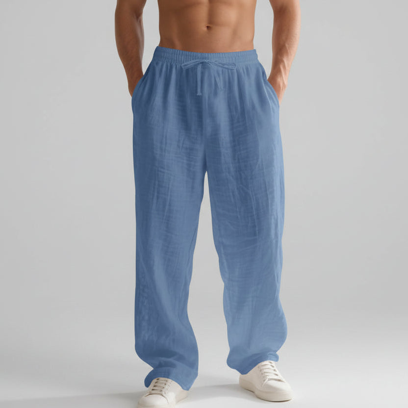 Men’s Linen Casual Pants – Solid Color Loose Fit Wide Leg Summer Beach Trousers