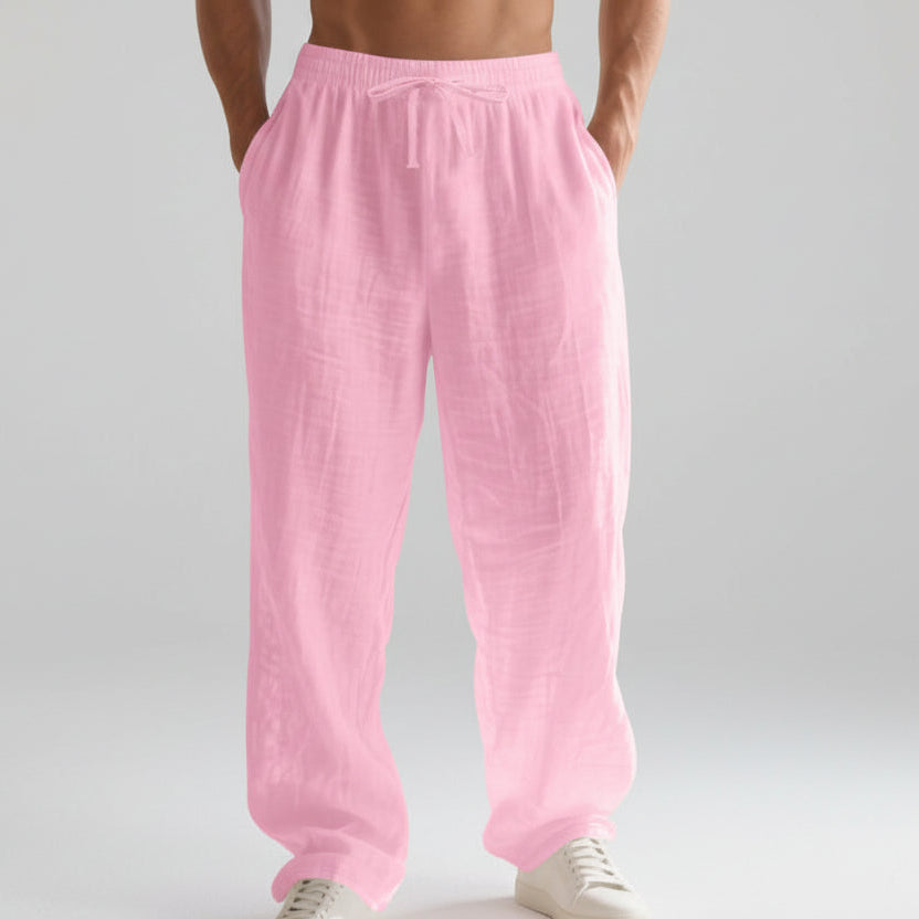 Men’s Linen Casual Pants – Solid Color Loose Fit Wide Leg Summer Beach Trousers
