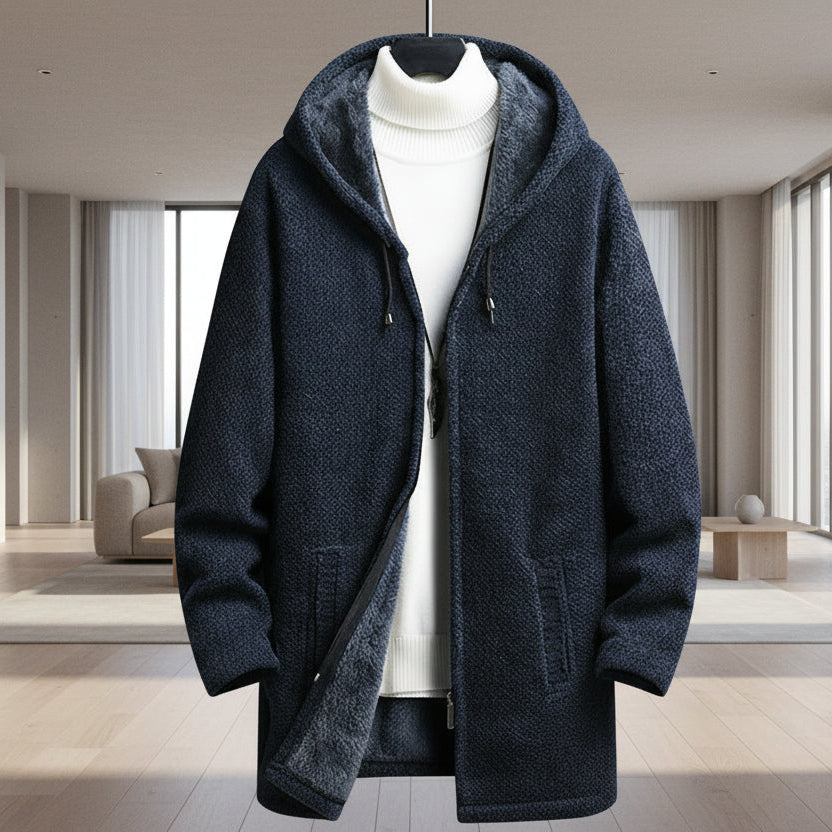Men’s Fall Winter Fleece-Lined Hooded Sweater Cardigan – Mid-Length Zip-Up Jacket