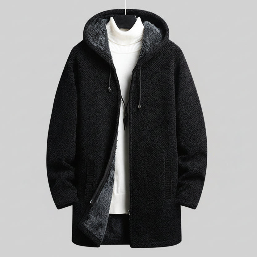Men’s Fall Winter Fleece-Lined Hooded Sweater Cardigan – Mid-Length Zip-Up Jacket