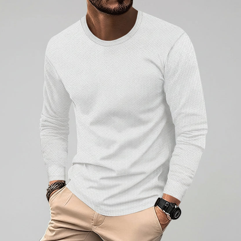 Men’s Waffle Knit Long Sleeve T-Shirt – Round Neck Casual Pullover Top