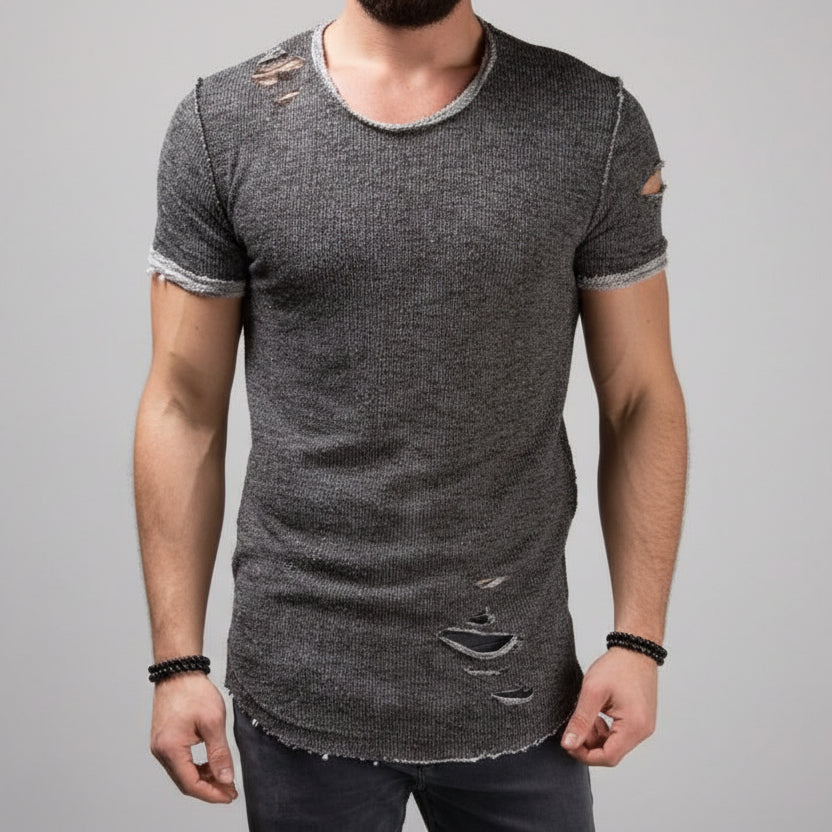 Men’s Ripped Slim Fit T-Shirt – Distressed Short Sleeve Round Neck Tee