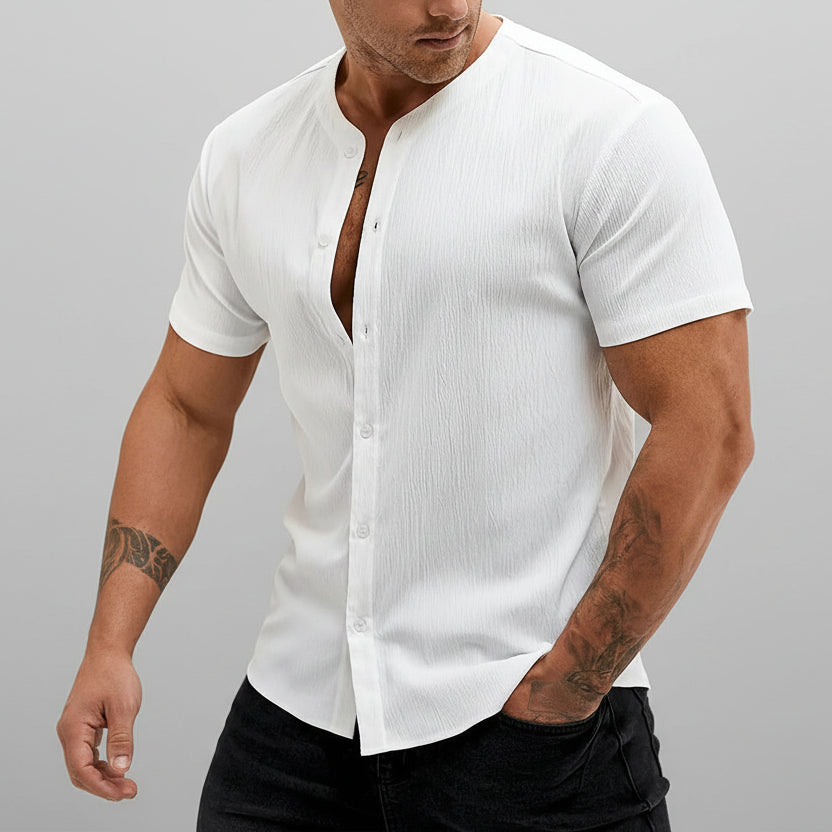 Men’s Stand Collar Short Sleeve Cardigan Shirt – Solid Color Casual Leisure Polyester Shirt for Men