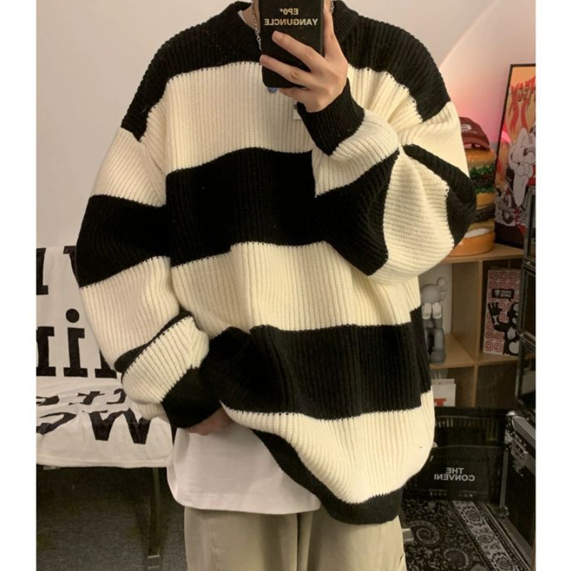Men's Vintage Stripe Knitwear Coat – Loose Pullover Sweater