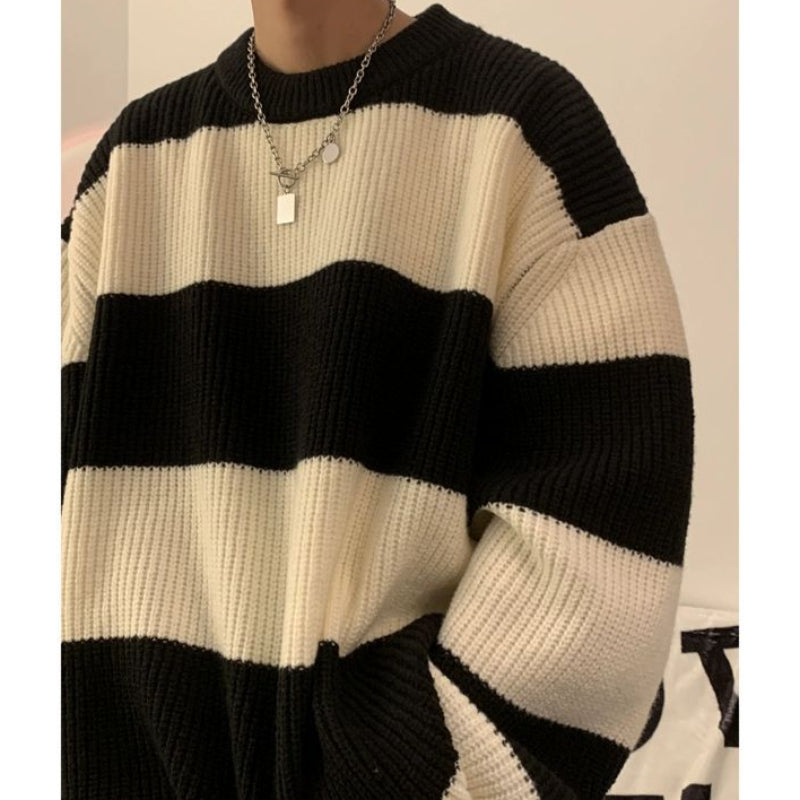 Men's Vintage Stripe Knitwear Coat – Loose Pullover Sweater