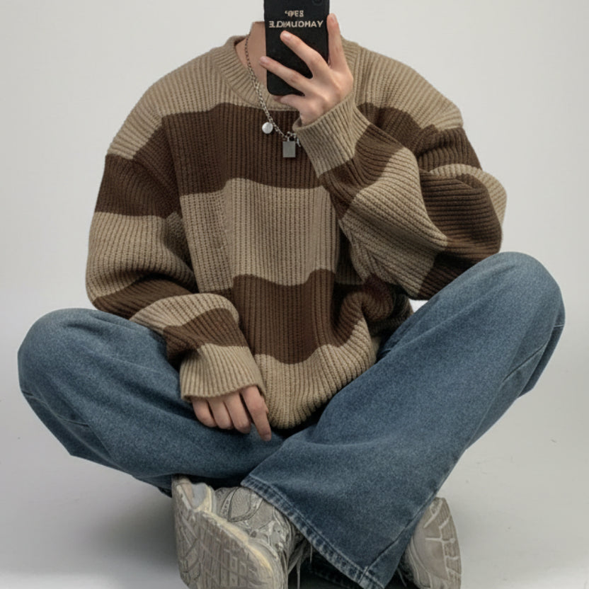 Men's Vintage Stripe Knitwear Coat – Loose Pullover Sweater