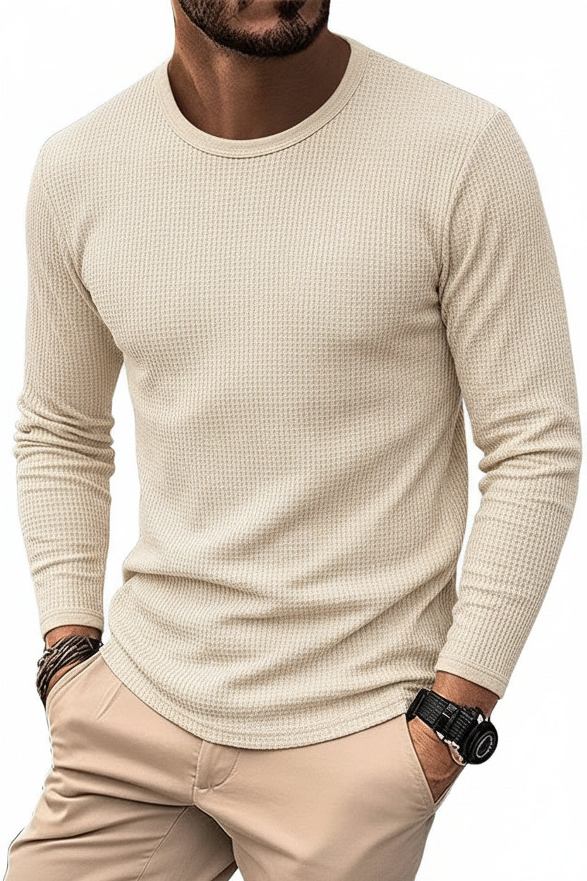 Men’s Waffle Knit Long Sleeve T-Shirt – Round Neck Casual Pullover Top