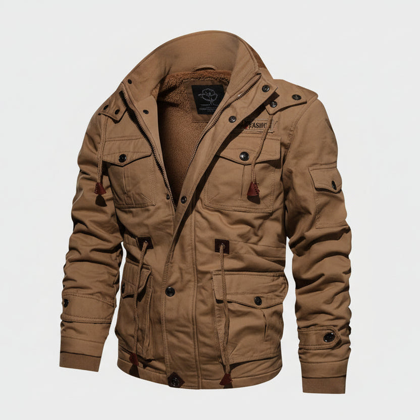 Men’s Winter Zip-Up Coat – Warm Thick Hooded Cargo Jacket with Multi-Pockets