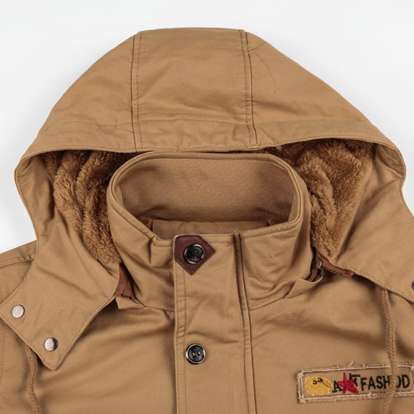 Men’s Winter Zip-Up Coat – Warm Thick Hooded Cargo Jacket with Multi-Pockets