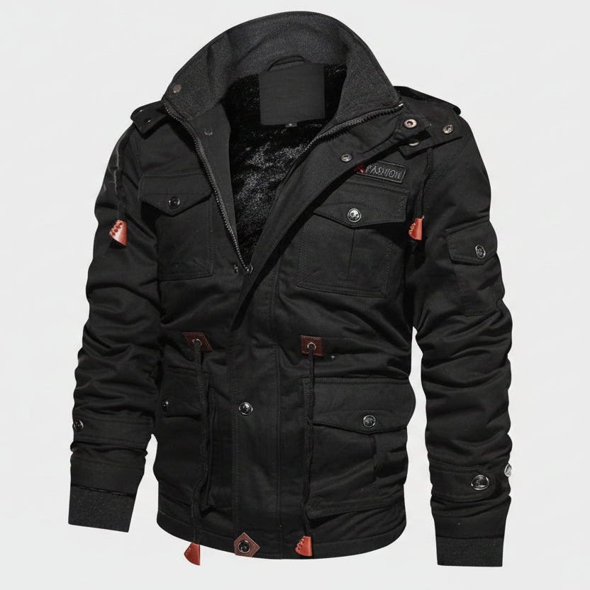 Men’s Winter Zip-Up Coat – Warm Thick Hooded Cargo Jacket with Multi-Pockets