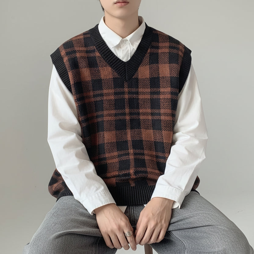 Men's Youth Popular Knitwear Vest – Sleeveless Pullover, Square Neck, Check Pattern, Leisure Style