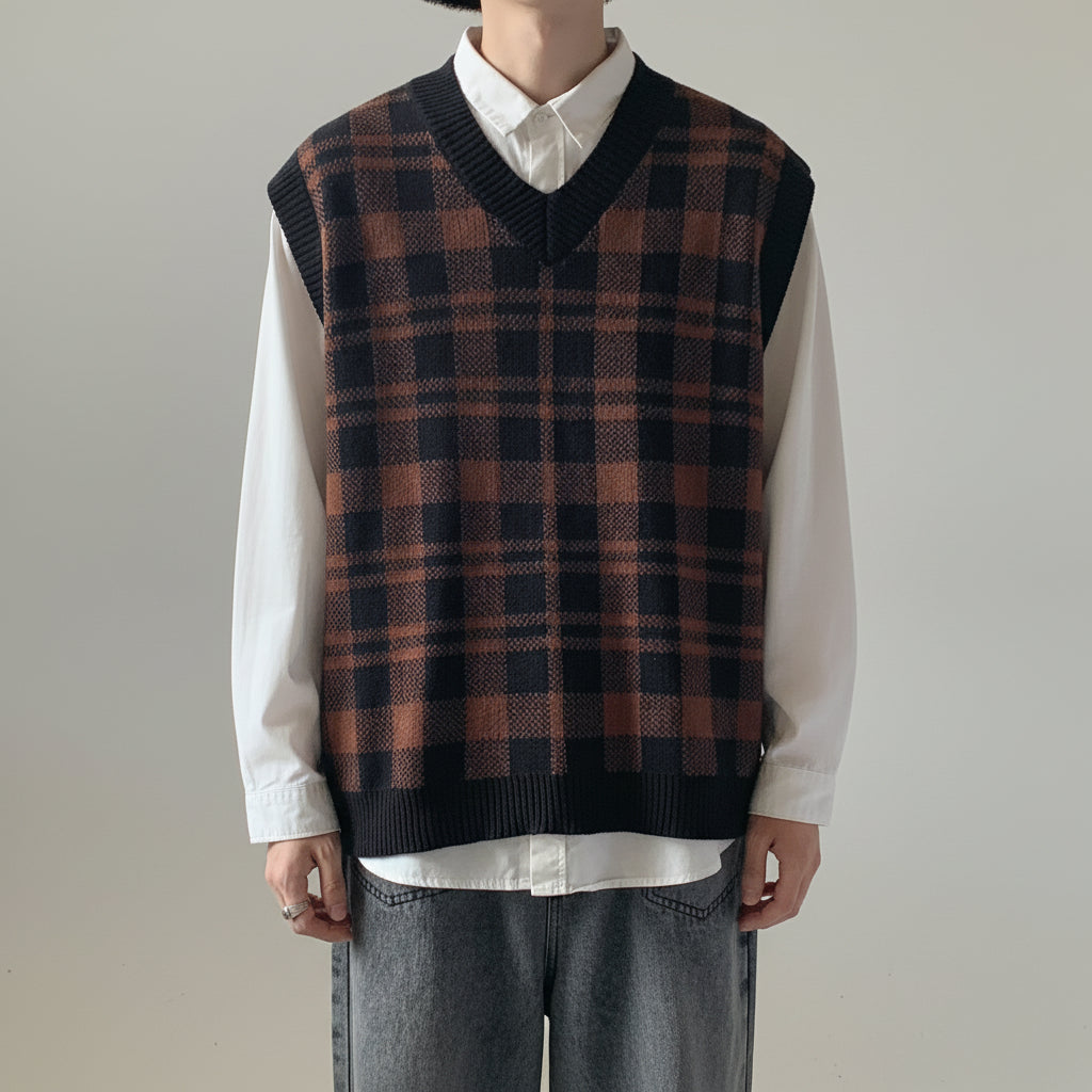 Men's Youth Popular Knitwear Vest – Sleeveless Pullover, Square Neck, Check Pattern, Leisure Style