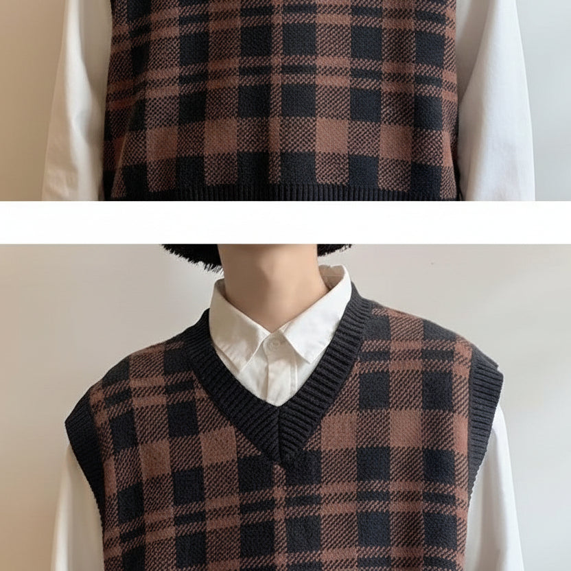 Men's Youth Popular Knitwear Vest – Sleeveless Pullover, Square Neck, Check Pattern, Leisure Style