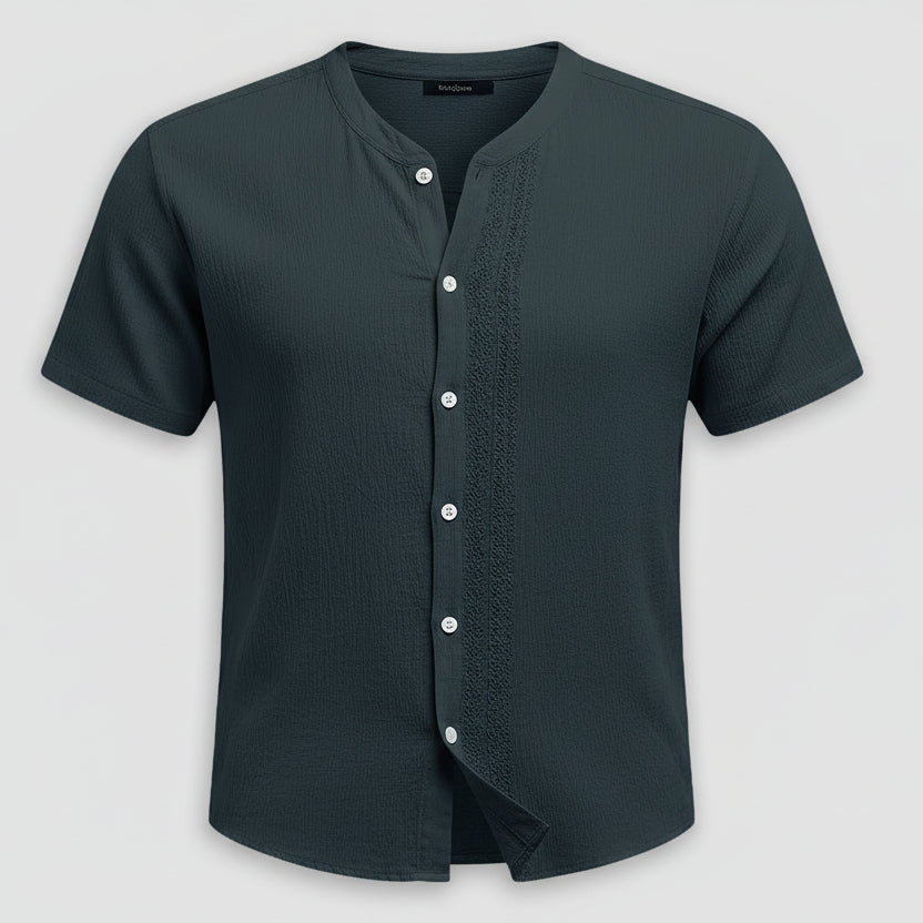 Men’s Stand Collar Short Sleeve Cardigan Shirt – Solid Color Casual Leisure Polyester Shirt for Men