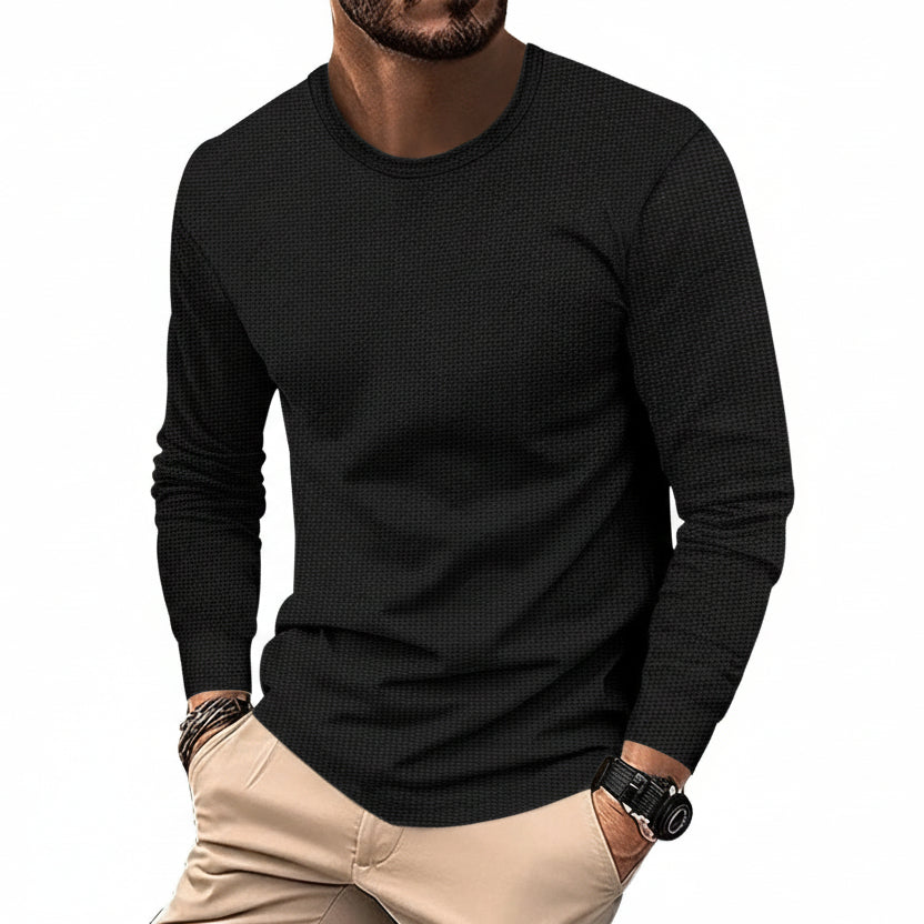 Men’s Waffle Knit Long Sleeve T-Shirt – Round Neck Casual Pullover Top