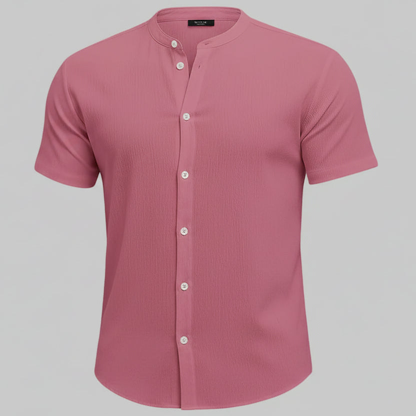 Men’s Stand Collar Short Sleeve Cardigan Shirt – Solid Color Casual Leisure Polyester Shirt for Men