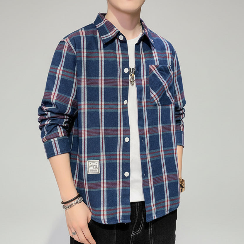 Men’s South Korean Fashion Grid Pattern Shirt – Slim Fit Long Sleeve Cotton Cardigan Top