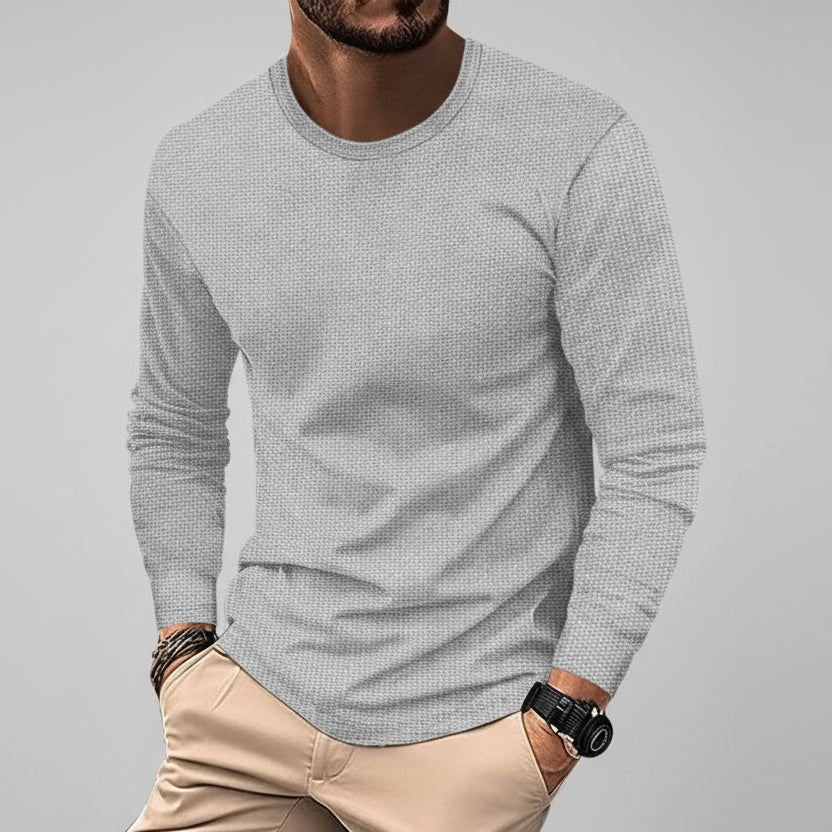 Men’s Waffle Knit Long Sleeve T-Shirt – Round Neck Casual Pullover Top