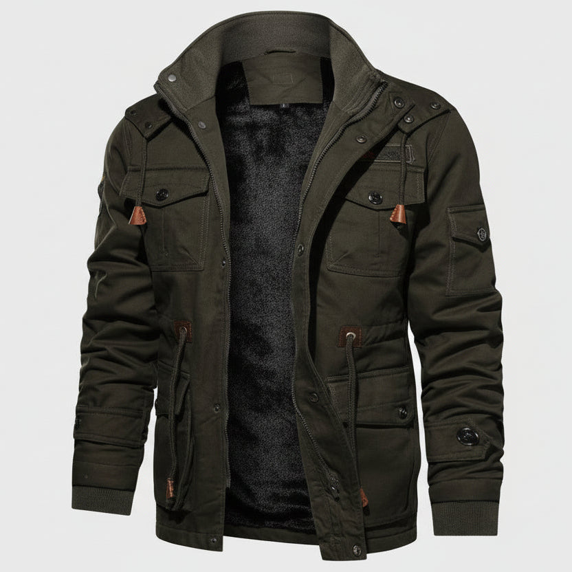 Men’s Winter Zip-Up Coat – Warm Thick Hooded Cargo Jacket with Multi-Pockets
