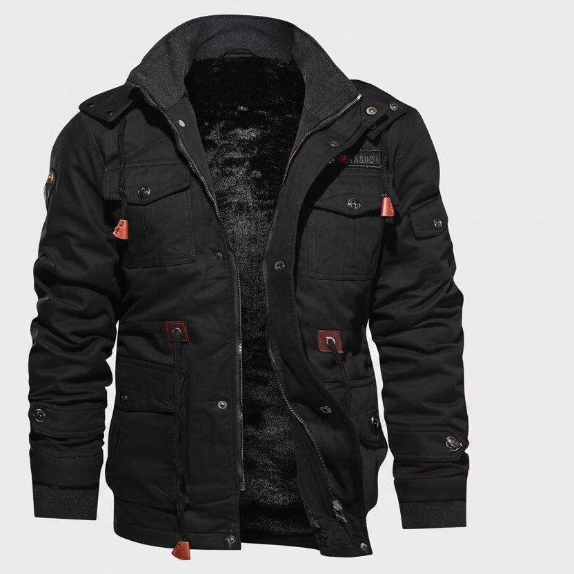 Men’s Winter Zip-Up Coat – Warm Thick Hooded Cargo Jacket with Multi-Pockets