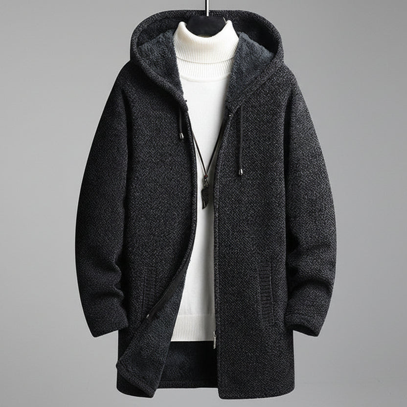 Men’s Fall Winter Fleece-Lined Hooded Sweater Cardigan – Mid-Length Zip-Up Jacket