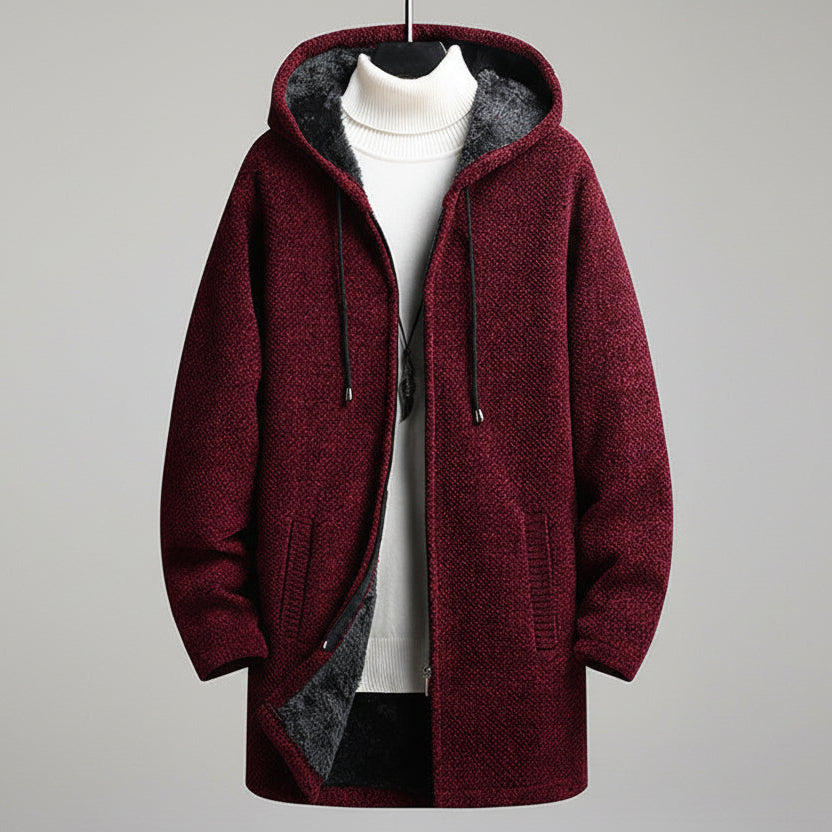 Men’s Fall Winter Fleece-Lined Hooded Sweater Cardigan – Mid-Length Zip-Up Jacket